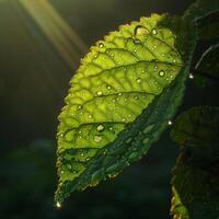AI generated A close-up of a green leaf with water droplets under sunlight, highlighting the intricate patterns and fresh appearance of the foliage photo