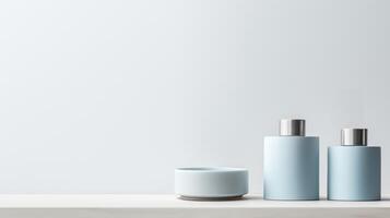 AI generated A trio of sleek cosmetic bottles with a minimalist design on a muted backdrop, perfect for branding photo