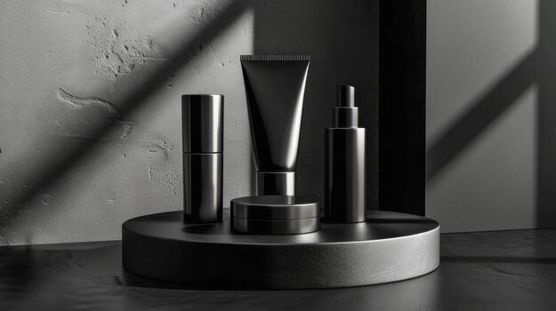 AI generated A collection of unbranded black beauty product packaging on a circular platform with a textured dark background illuminated by a slanted light beam, stand with copy space for text photo