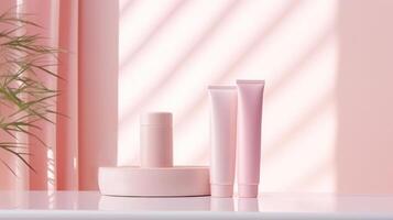 AI generated A serene cosmetic mockup with a pastel tone cream jar and lotion bottle, accompanied by delicate pink flowers, all bathed in soft light photo