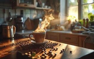 AI generated A steaming cup of coffee with latte art on a saucer decorated with coffee beans, on a rustic wooden table in a cozy kitchen setting photo