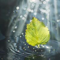 AI generated A close-up of a green leaf with water droplets under sunlight, highlighting the intricate patterns and fresh appearance of the foliage photo