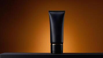 AI generated Black skin care products on a dark round podium stand with copy space and place for text, mockup, template, on a black to gray gradient background photo