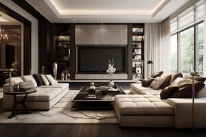 AI generated luxury and modern living room with tv set on wall photo