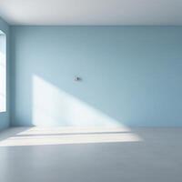 ai generado vacío habitación con azul pared y luz de sol. burlarse de arriba, 3d representación foto