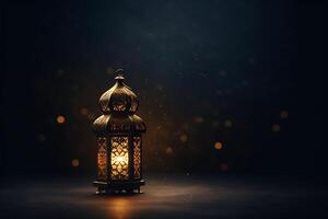 ai generado Ramadán kareem saludo tarjeta. Arábica linterna en oscuro antecedentes. foto