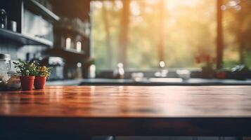 ai generado vaso frascos con café frijoles en de madera mesa en moderno cocina. borroso antecedentes foto