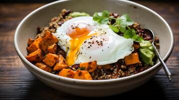 AI generated Bowl of quinoa with pumpkin and poached egg on wooden table photo