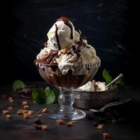 AI generated ice cream in glass bowl with chocolate and vanilla ice cream on wooden table photo