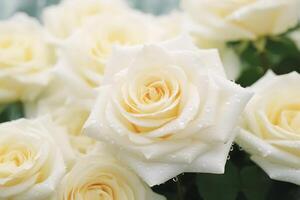 AI generated Beautiful white roses in the garden. Soft focus with shallow depth of field. photo