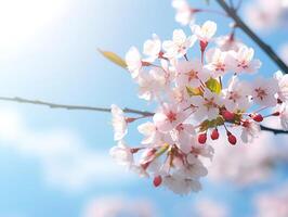 AI generated Cherry blossom on blue sky background. Soft focus with vintage filter photo