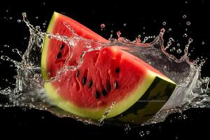 AI generated Watermelon with water splash isolated on black background. Fresh fruit. photo