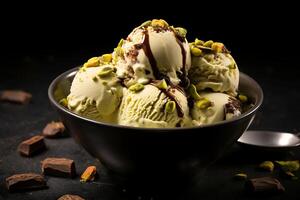 AI generated Scoops of ice cream with pistachios and chocolate sauce photo