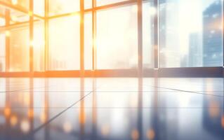 AI generated Abstract blurred interior of a modern office building with glass windows and reflections photo