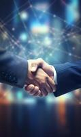 AI generated Close up of business people shaking hands on blurred background. Mixed media photo