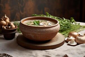 AI generated Mushroom soup in a ceramic bowl on a light background. photo