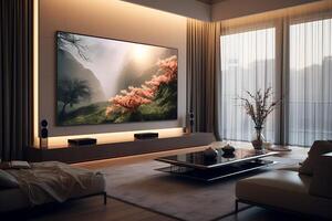 AI generated 3d rendering luxury and modern living room with tv set on wall photo