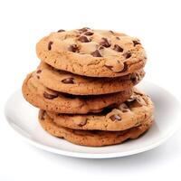 AI generated Chocolate chip cookies on a plate isolated on white background with clipping path photo