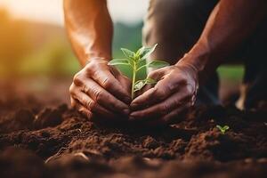 ai generado cerca arriba de manos de hombre plantando un árbol planta de semillero en fértil suelo foto