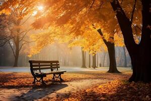 AI generated Wooden bench in the autumn park at sunset. 3d rendering photo