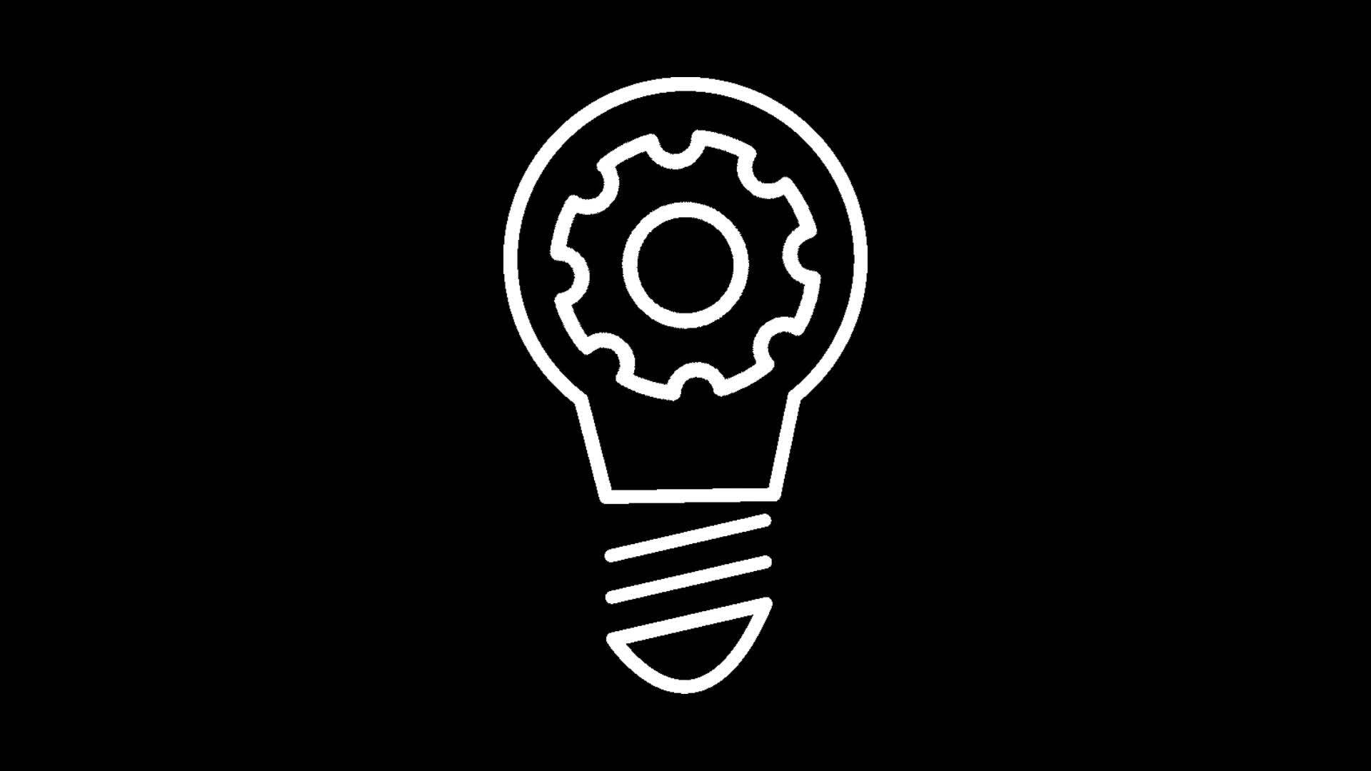 An elecric bulb with setting icon rotating within isolated on black background. Settting icon in