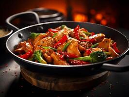 AI generated Stir-fried chicken with vegetables and sesame seeds on black background photo