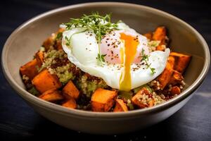 AI generated Bowl of quinoa with fried egg and pumpkin, healthy food photo