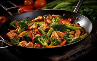 AI generated Stir-fried chicken with vegetables and sesame seeds on black background photo