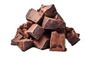 AI generated A pile of broken dark chocolate pieces, chocolate block and chunks together, jagged edges, rough clusters, dark and gritty, transparent background png