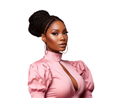 AI generated Black woman with braid hair wearing a shiny, pink, long sleeved top, Transparent Background png