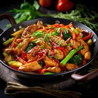 AI generated stir-fried chicken with mushrooms and vegetables on a black background photo