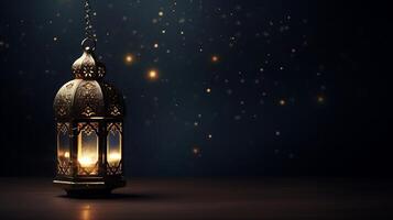 AI generated Ramadan Kareem background with golden lantern and bokeh lights photo