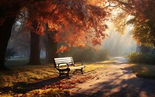 AI generated Wooden bench in the autumn park at sunset. 3d rendering photo