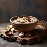AI generated Mushroom soup in a ceramic bowl on a light background. photo