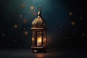 AI generated Ramadan Kareem background with golden lantern and bokeh lights photo