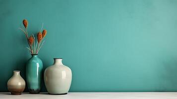 AI generated Vase with dried flowers on white table against turquoise wall photo