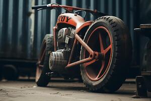 AI generated A closeup shot of the wheels of a motorcycle with a blue concept background photo