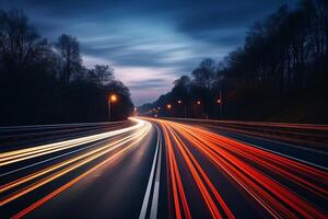 ai generado luces de carros con noche. largo exposición foto tomado en porcelana.