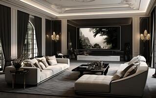 AI generated 3d rendering luxury and modern living room with tv set on wall photo