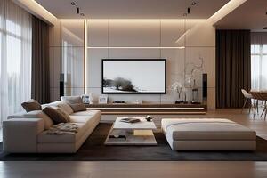 AI generated Modern living room interior design with tv set on wall photo