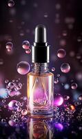 AI generated Cosmetic bottle with pipette and bubbles on dark background. 3d illustration photo