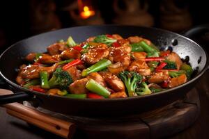 AI generated Stir-fried chicken with vegetables and sesame seeds on black background photo