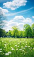 AI generated Spring nature background with green grass and blossoming tree in park photo