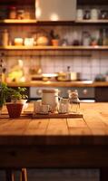 AI generated Close up of wooden table in modern kitchen interior. Blurred background photo