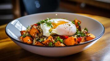 AI generated Bowl of quinoa with pumpkin and poached egg on wooden table photo