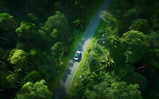 ai generado aéreo ver de un la carretera en el bosque. 3d representación foto