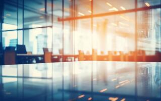 AI generated Abstract blurred interior of a modern office building with glass windows and reflections photo