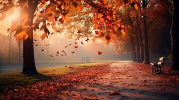 AI generated Autumn park alley with fallen leaves and bench in foggy morning photo