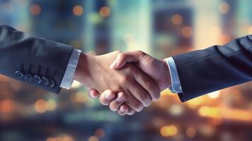 AI generated Close up of business people shaking hands on blurred background. Partnership concept photo