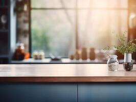 AI generated Closeup of wooden countertop in modern kitchen. Blurred background. photo